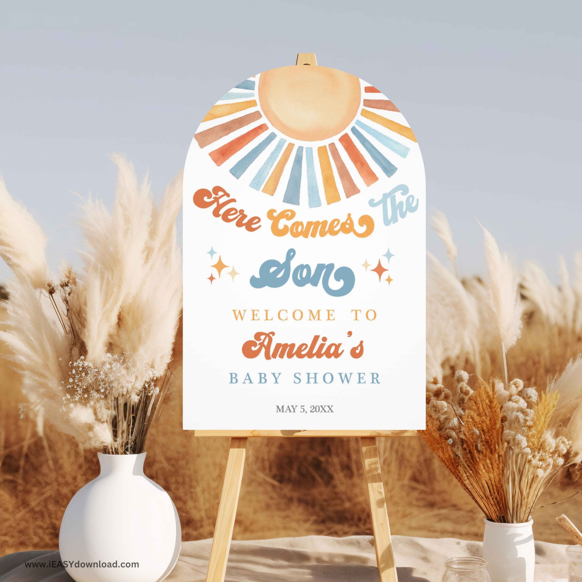 Here comes the son Baby shower theme. This is a bright sign with colorful text and sun design on a white background. Printed and shipped to you today! Free shipping