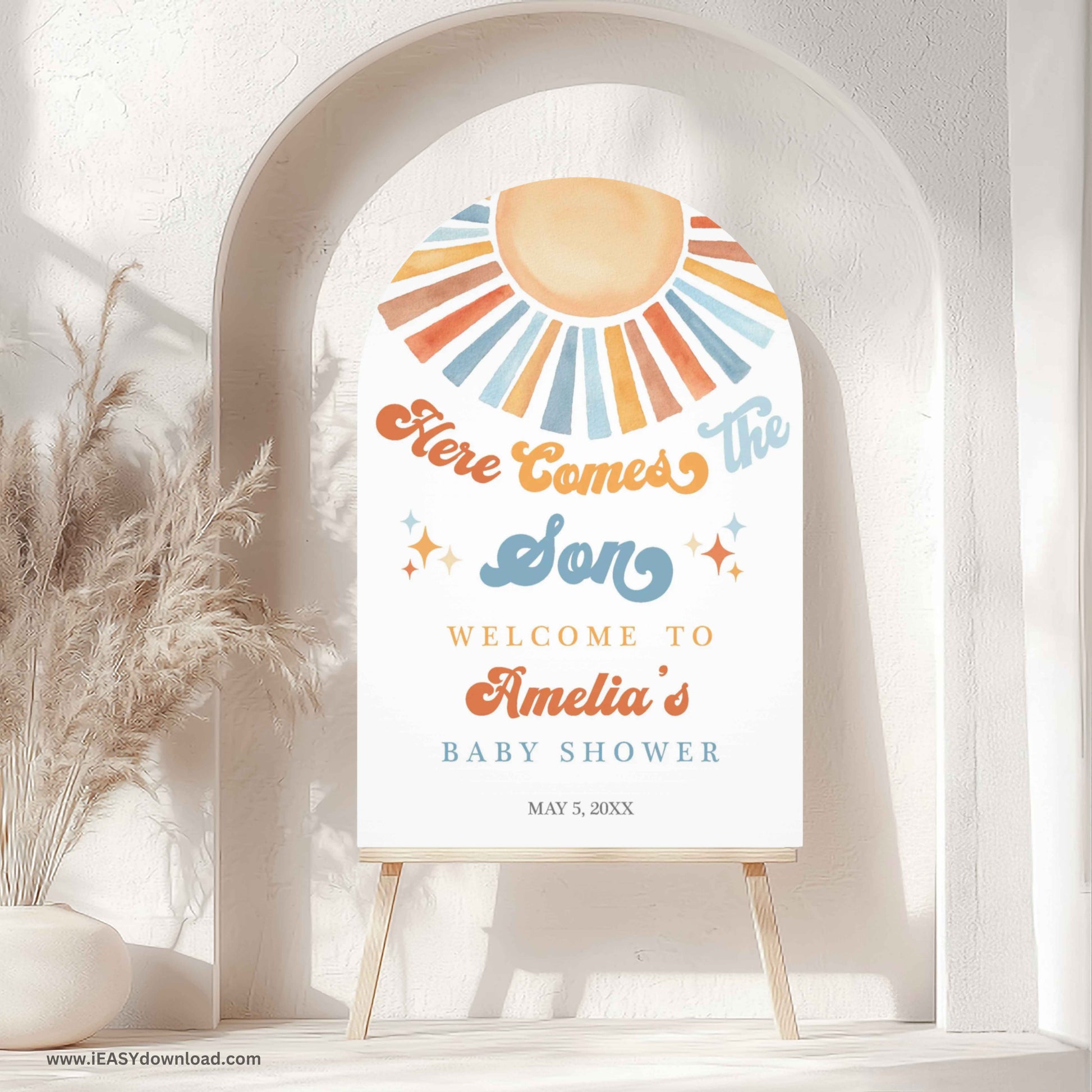 Here comes the son Baby shower theme. This is a bright sign with colorful text and sun design on a white background. Printed and shipped to you today! Free shipping