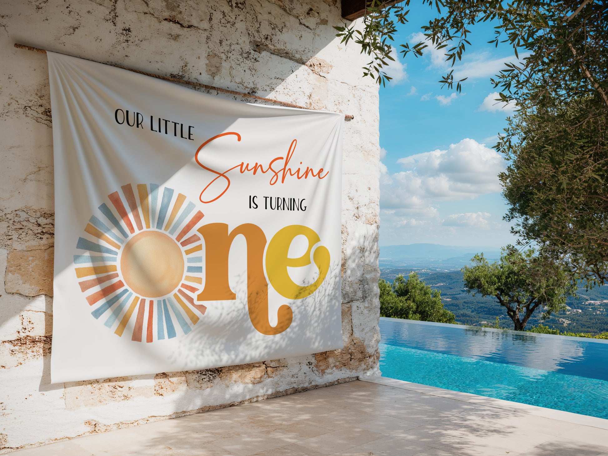Backdrop banner for first birthday summer party for boy or girl. It can be personalized or not by you. Print and free shippinng  