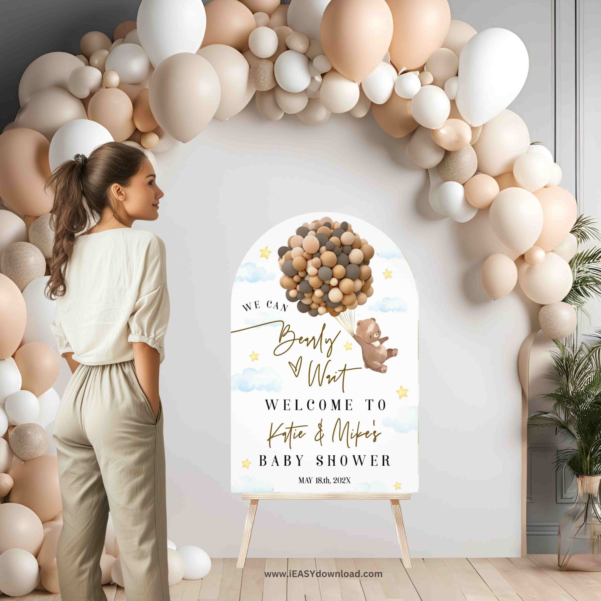 We can bearly wait Teddy bear Balloon for neutral baby. Arch Foam Board Sign, Printed and Free Standard Shipping