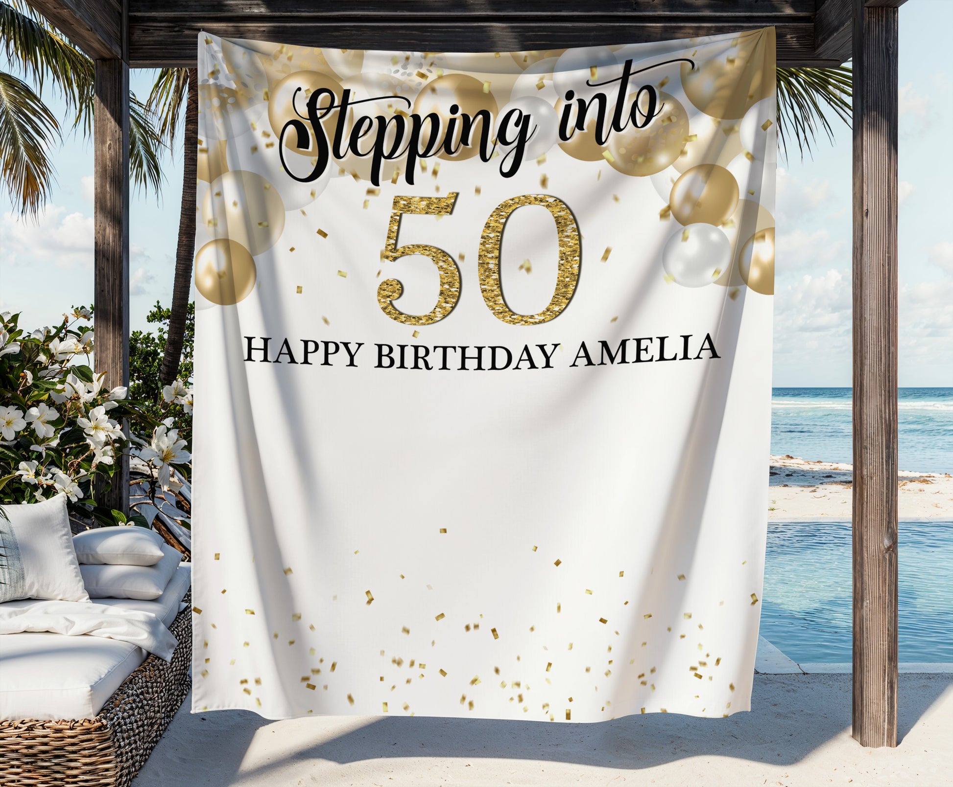 Birthday Backdrop banner with 'Stepping into 50' and 'Happy Birthday Amelia' text. Printed and Free Standard Shipped