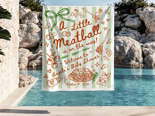 A little meatball is on the way, personalized backdrop tapestry banner. Printed and shipped