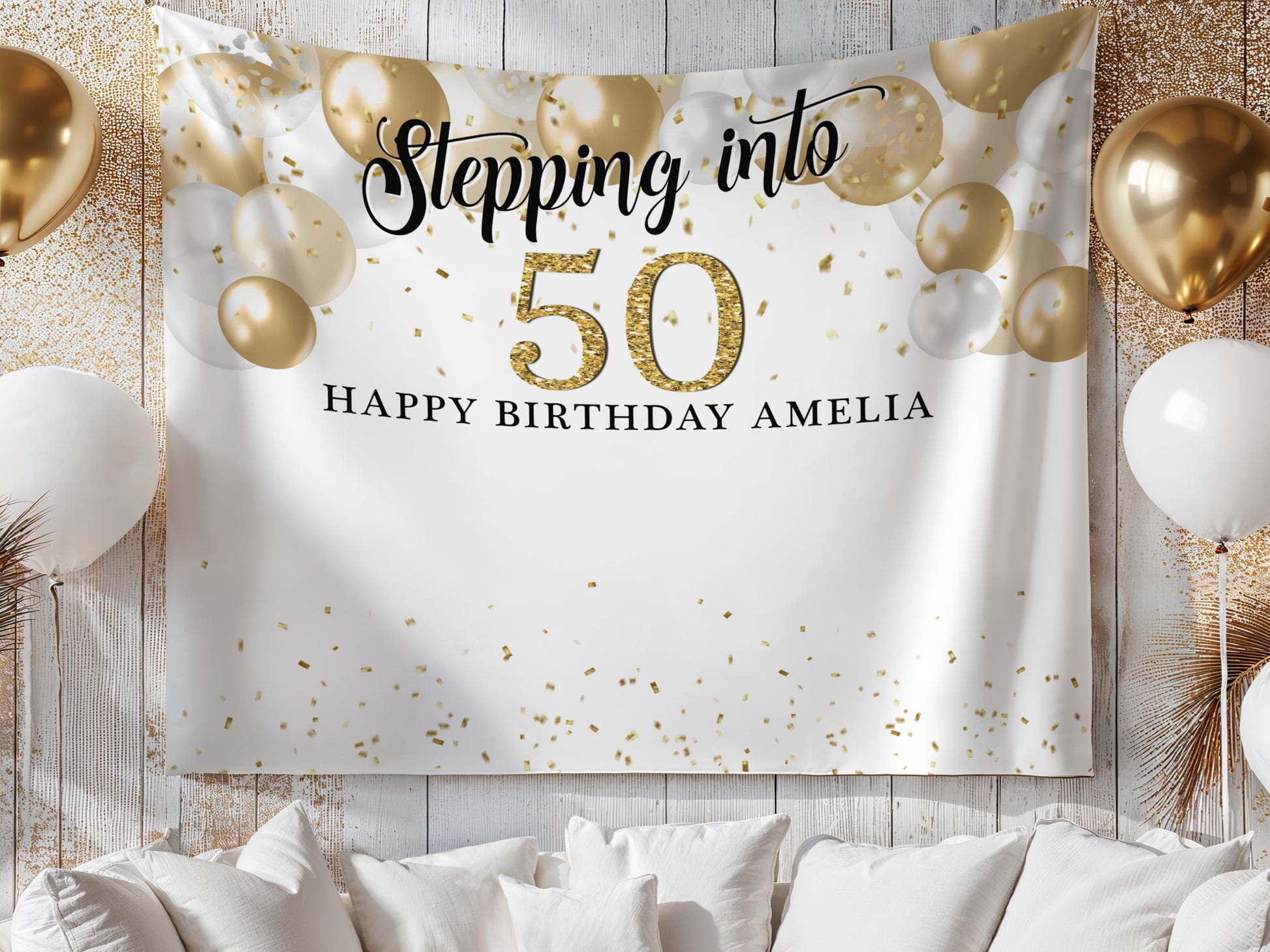 Decorative banner with 'Stepping into 50' text. But it can be personalized for your needs. Printed and Free Standard shipping