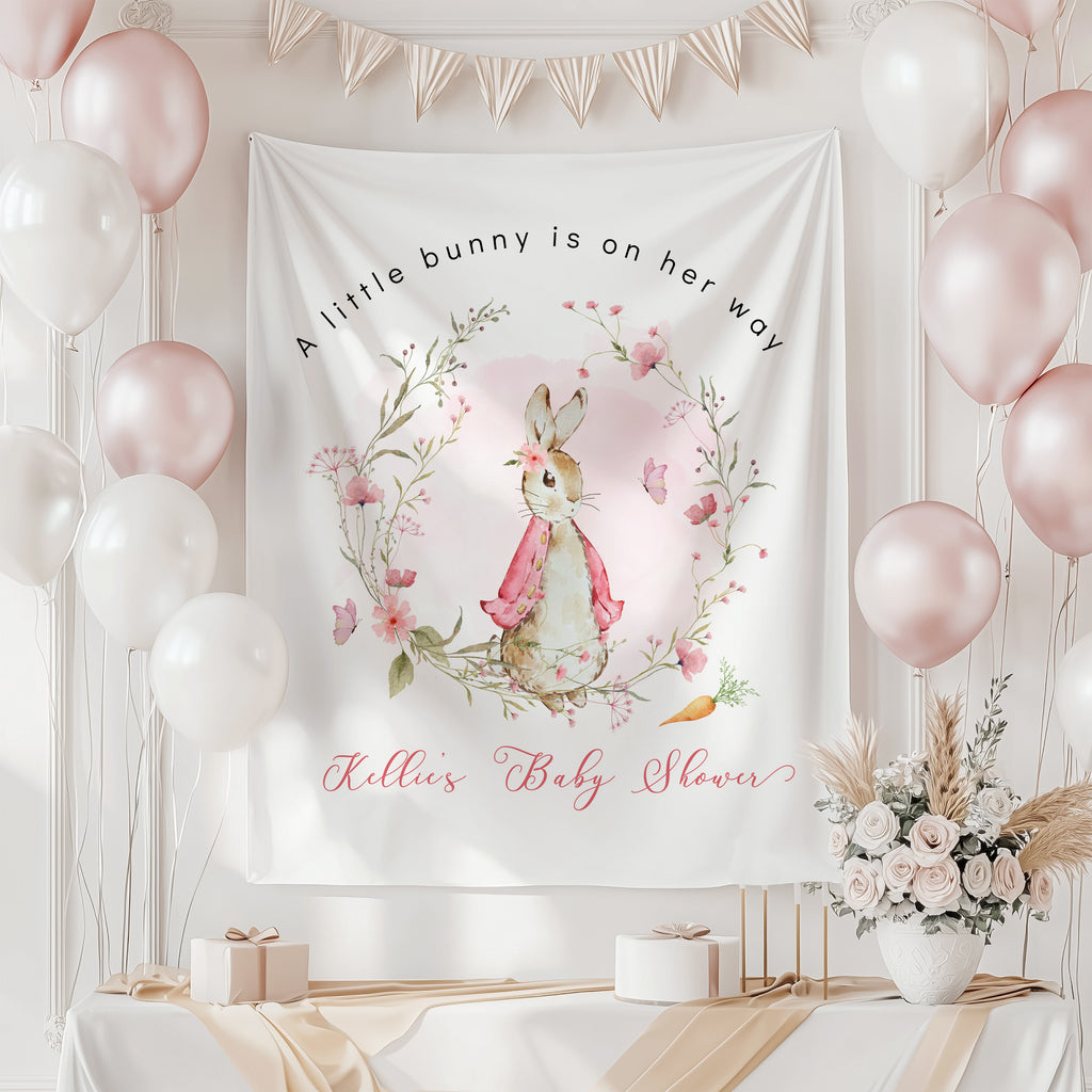 Pink Peter Rabbit Backdrop Banner for a Baby Shower Party. Mde to order, Printed and shipped in the USA