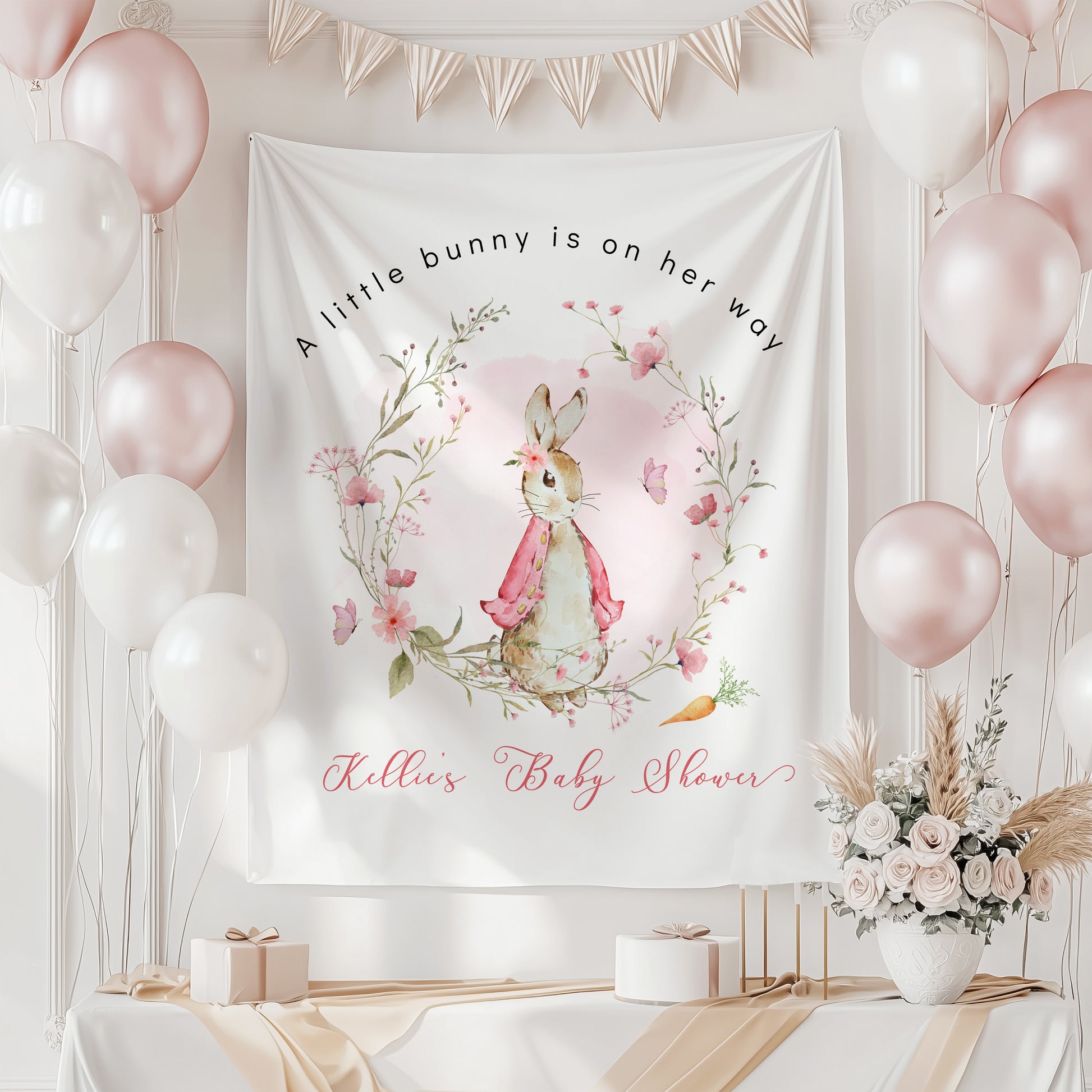 Pink Peter Rabbit Backdrop Banner for a Baby Shower Party. Mde to order, Printed and shipped in the USA