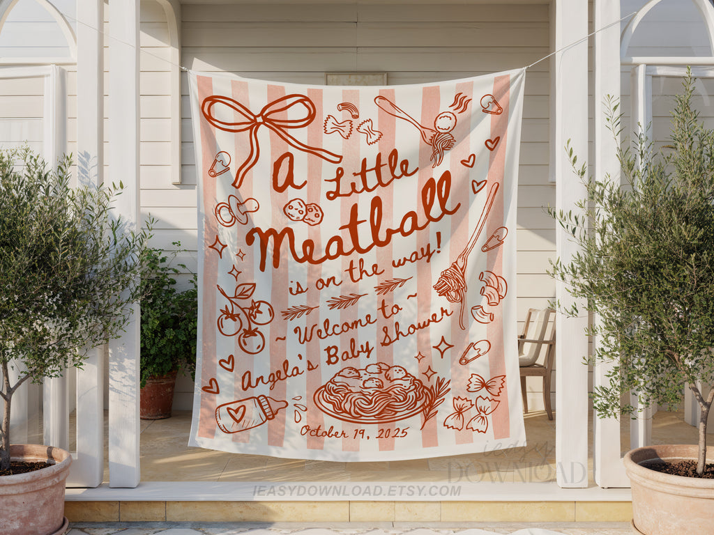 A little meatball is on the way, personalized backdrop tapestry banner. Red graphic and text with red Stripes as background