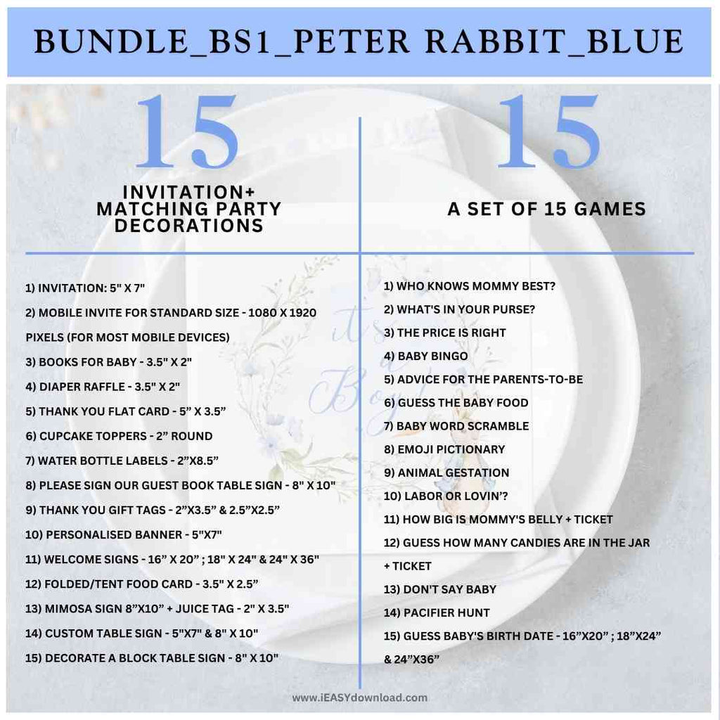 Editable Peter Rabbit Baby Boy Shower Bundle Kit, A Little Bunny is on the way
