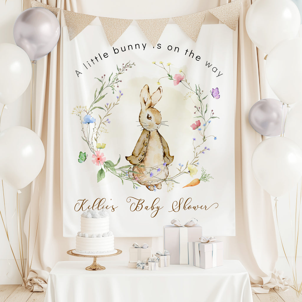 This is a Polyester fabric backdrop Banner Peter Rabbit Gender Neutral Baby Shower Decoration Print and FREE Shipping.