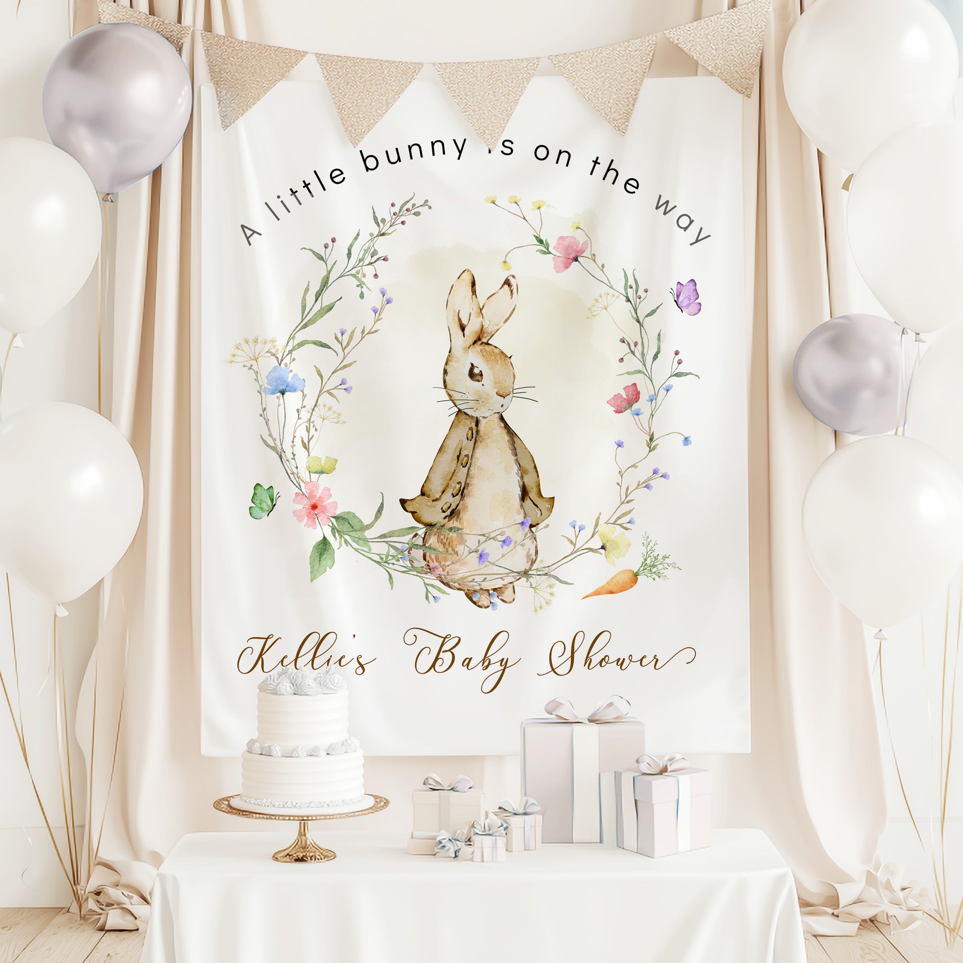 This is a Polyester fabric backdrop Banner Peter Rabbit Gender Neutral Baby Shower Decoration Print and FREE Shipping.