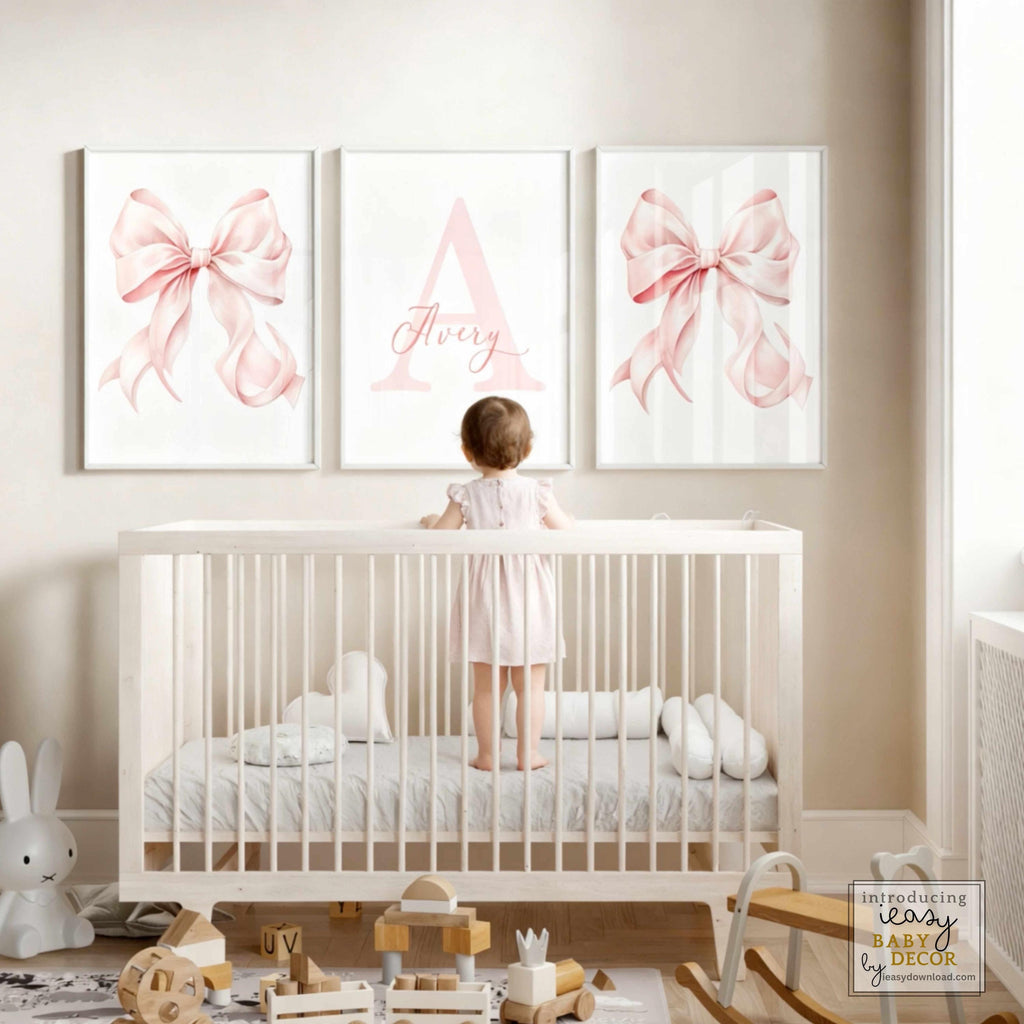 Three Piece Nursery Poster Set Personalized Custom Initial Name Wall Art Pink Bow Watercolor Design Baby Girl Bedroom Display Coquette Style Feminine Aesthetic Premium Matte Museum Grade Paper Quality Infant Room Wall Print Collection