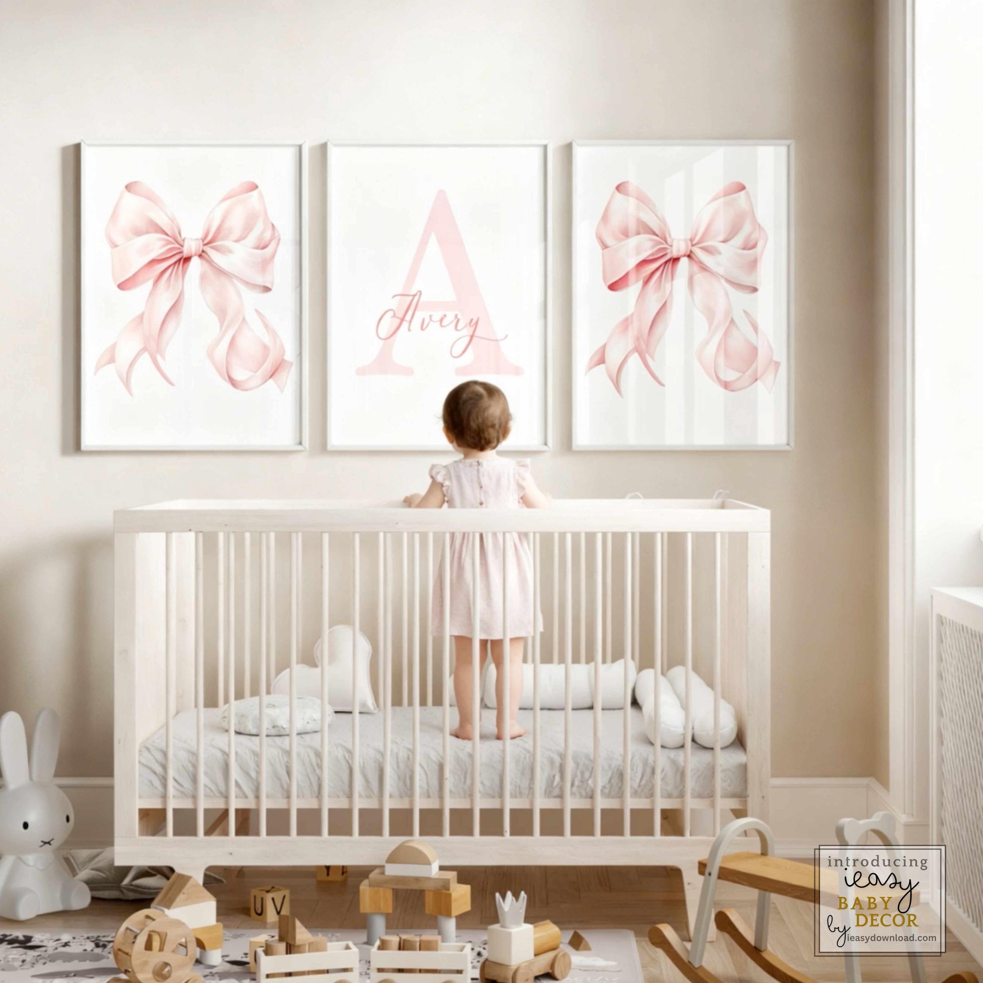 Three Piece Nursery Poster Set Personalized Custom Initial Name Wall Art Pink Bow Watercolor Design Baby Girl Bedroom Display Coquette Style Feminine Aesthetic Premium Matte Museum Grade Paper Quality Infant Room Wall Print Collection