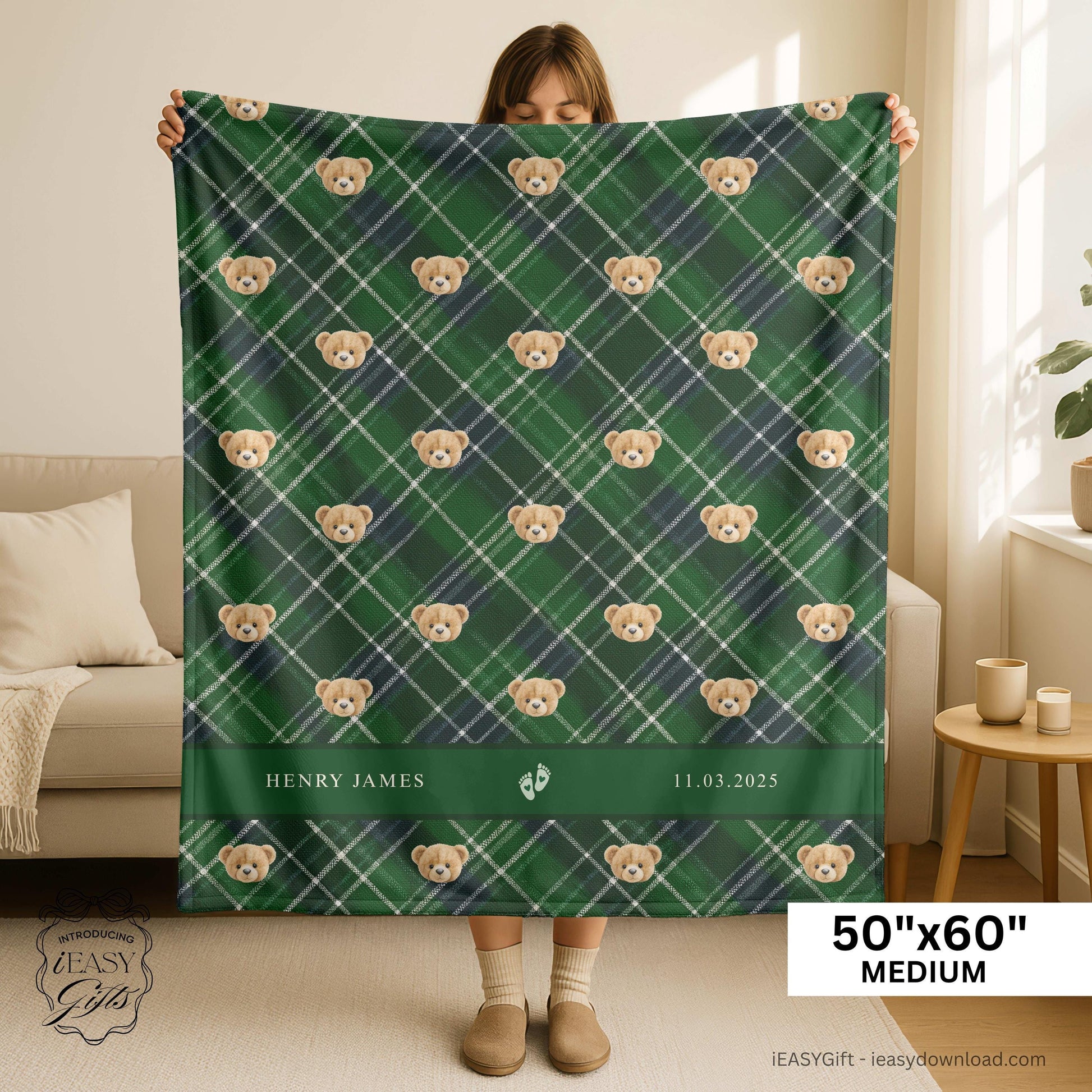 Personalized Baby Blanket – Green Custom Name Teddy Bear Head Design