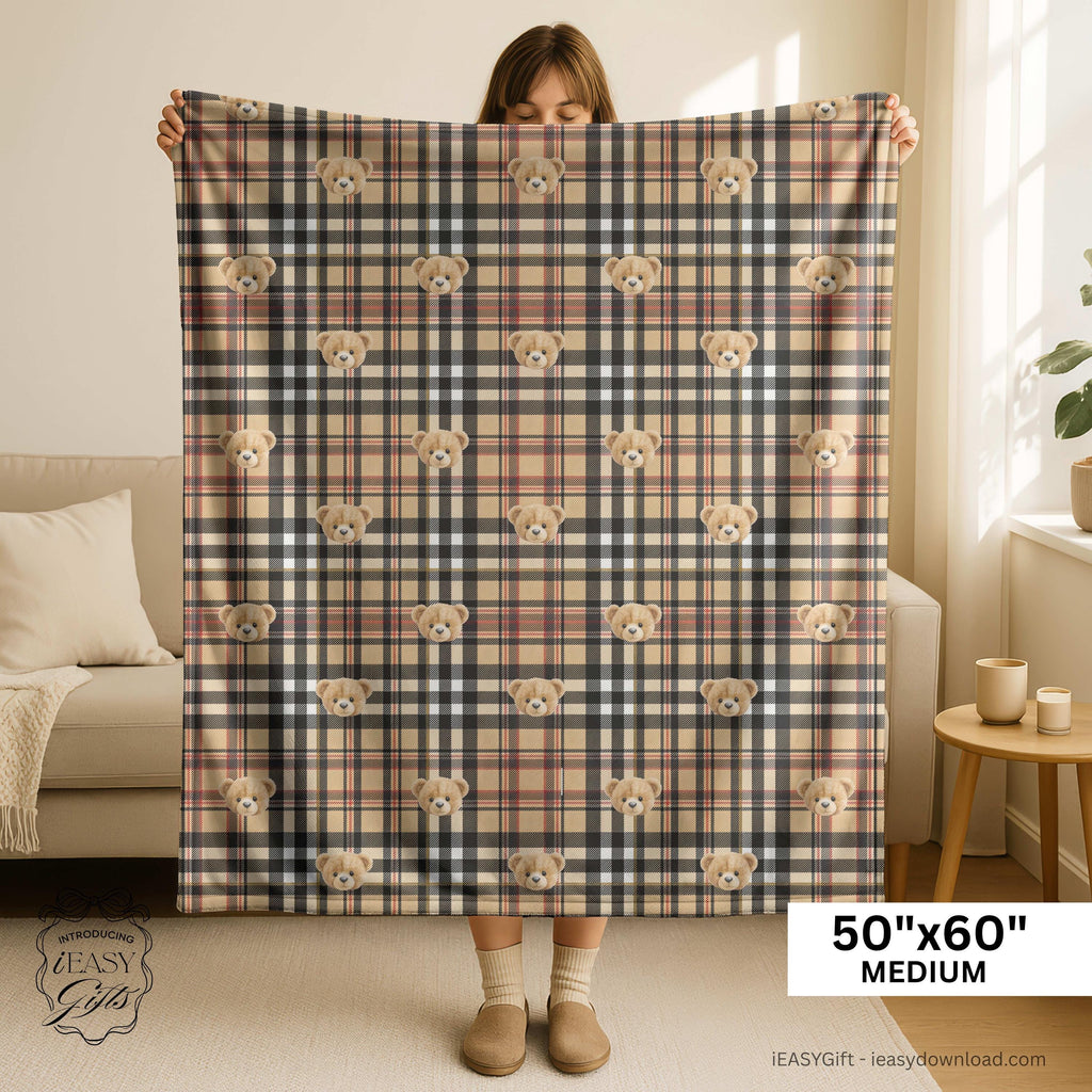 Custom Name Baby Blanket - Brown Scottish Plaid Tartan Teddy Bear Head