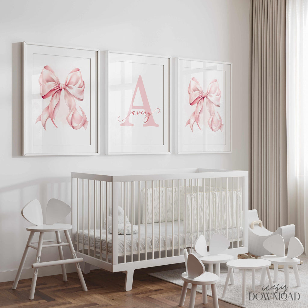 Personalized Baby Girl Nursery Wall Art Custom Name Initial Print Three Piece Poster Set Pink Bow Coquette Design Perfect Baby Shower Gift Newborn Present Infant Room Bedroom Wall Display Premium Quality Museum Grade Archival Paper Matte