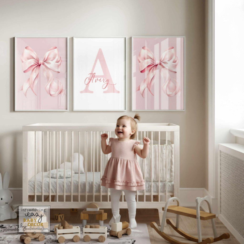 Custom Name Nursery Print Set Three Piece Wall Art Collection Pink Bow Watercolor Design Personalized Baby Girl Initial Monogram Premium Museum Grade Archival Paper Matte Finish Quality Indoor Display Infant Bedroom Wall Poster Set Coquette