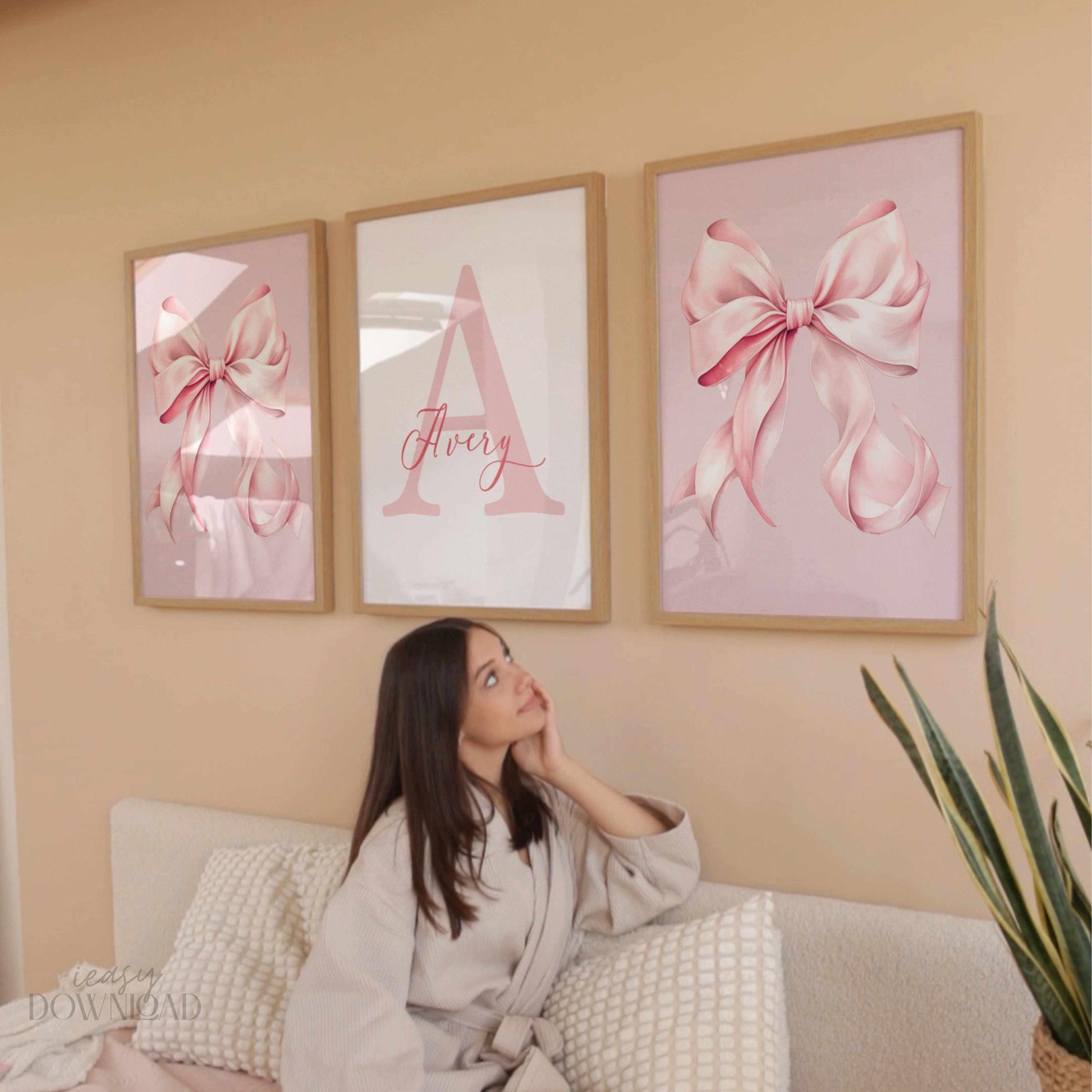 Baby Girl Nursery Transformation Three Piece Wall Art Set Custom Personalized Name Initial Print Pink Bow Coquette Design Watercolor Style Bedroom Display Premium Quality Matte Finish Museum Grade Paper Infant Room Wall Poster Collection
