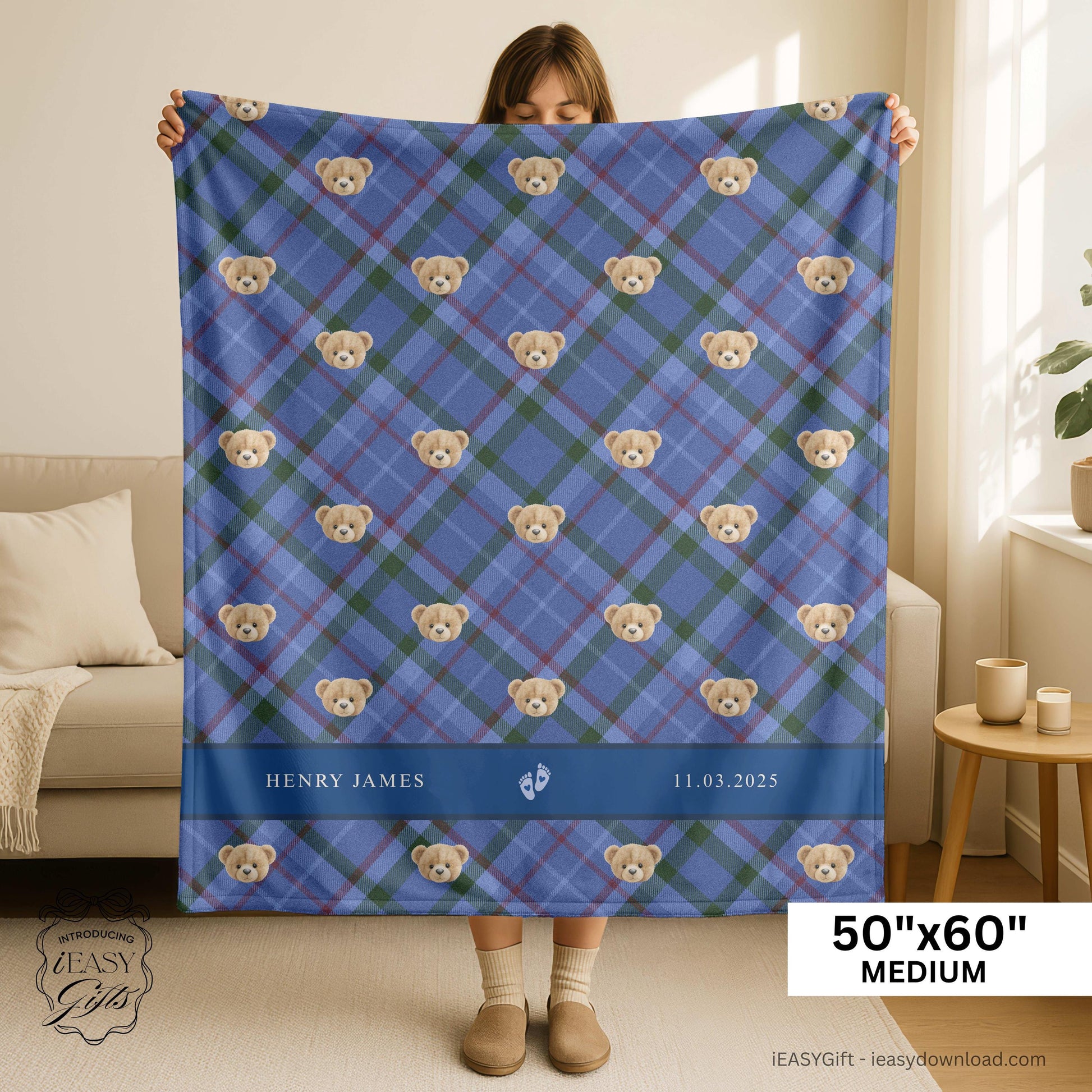 Soft Plush Baby Blanket Personalized Teddy Bear Design Custom Name Pattern Perfect Newborn Gift Essential Cozy Velveteen Material Beautiful Nursery Bedding Baby Shower Present Adorable Bear Theme Premium Quality Construction Embroidered
