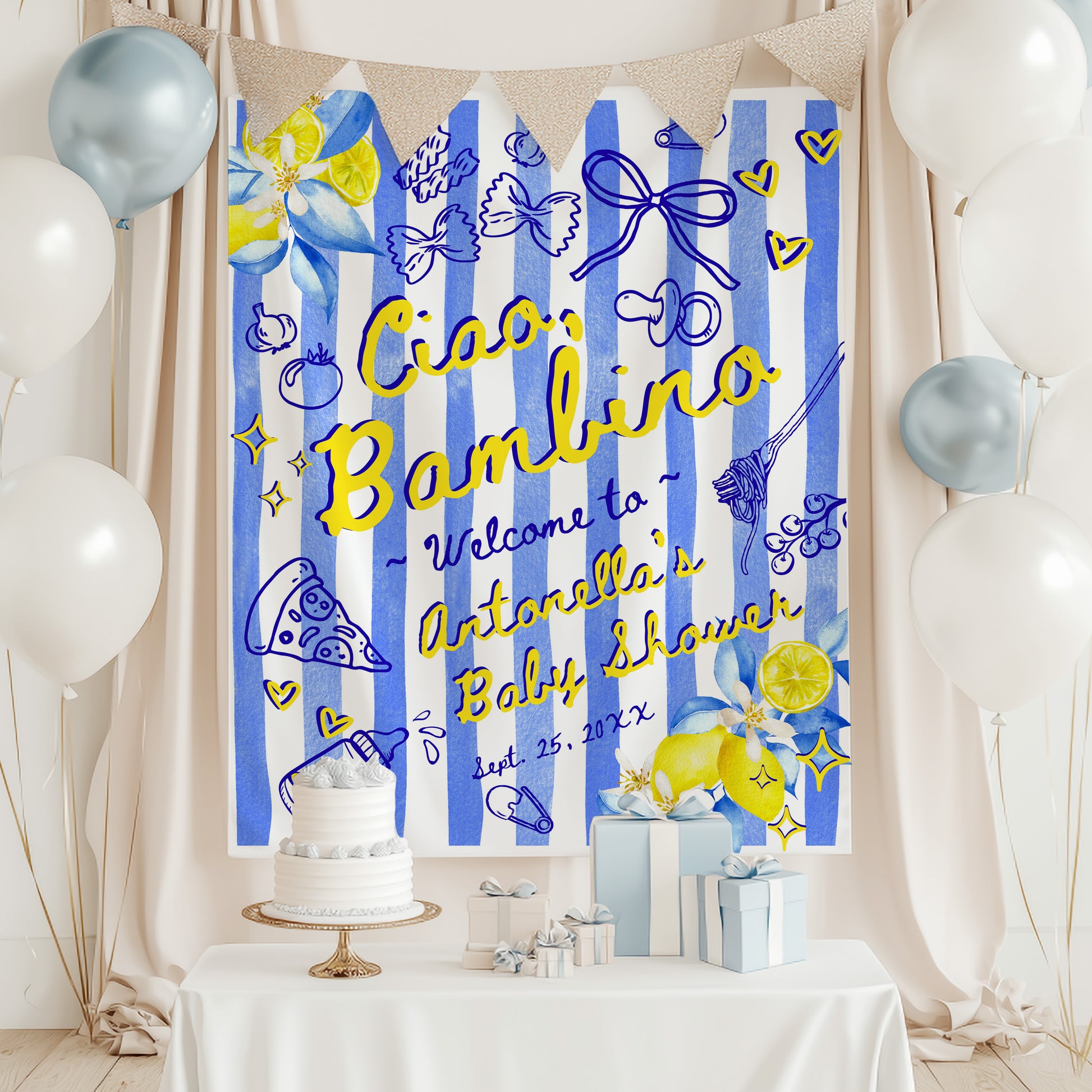Baby shower banner with blue and white stripes, yellow text, and decorative elements in a decorated room.