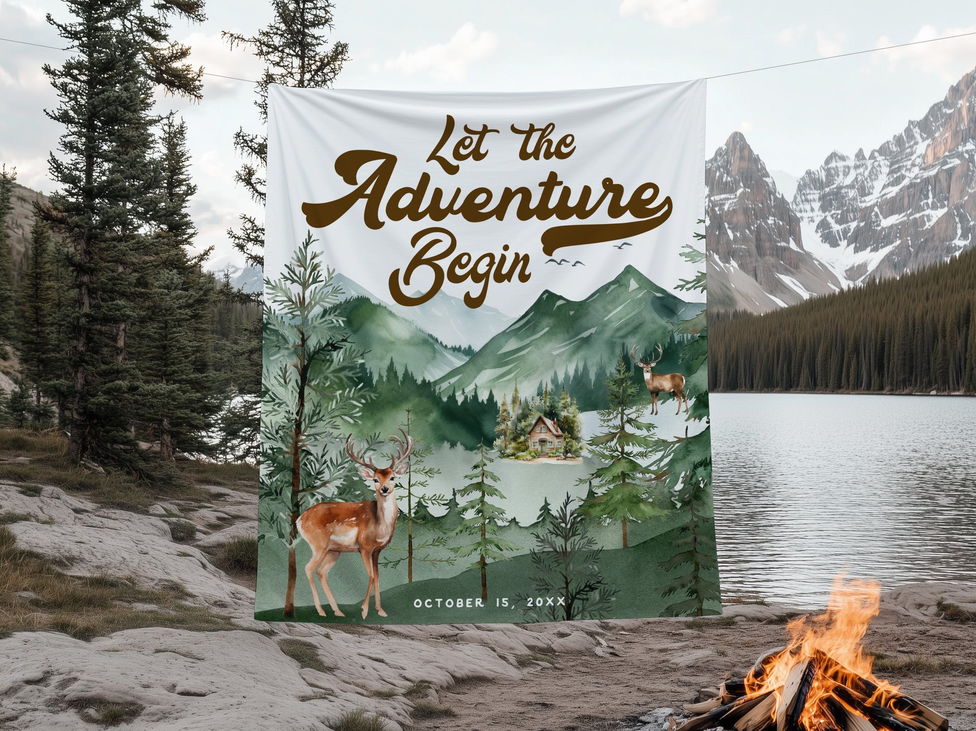 Decorative banner with 'Let the Adventure Begin' text in a scenic outdoor setting with mountains and trees.