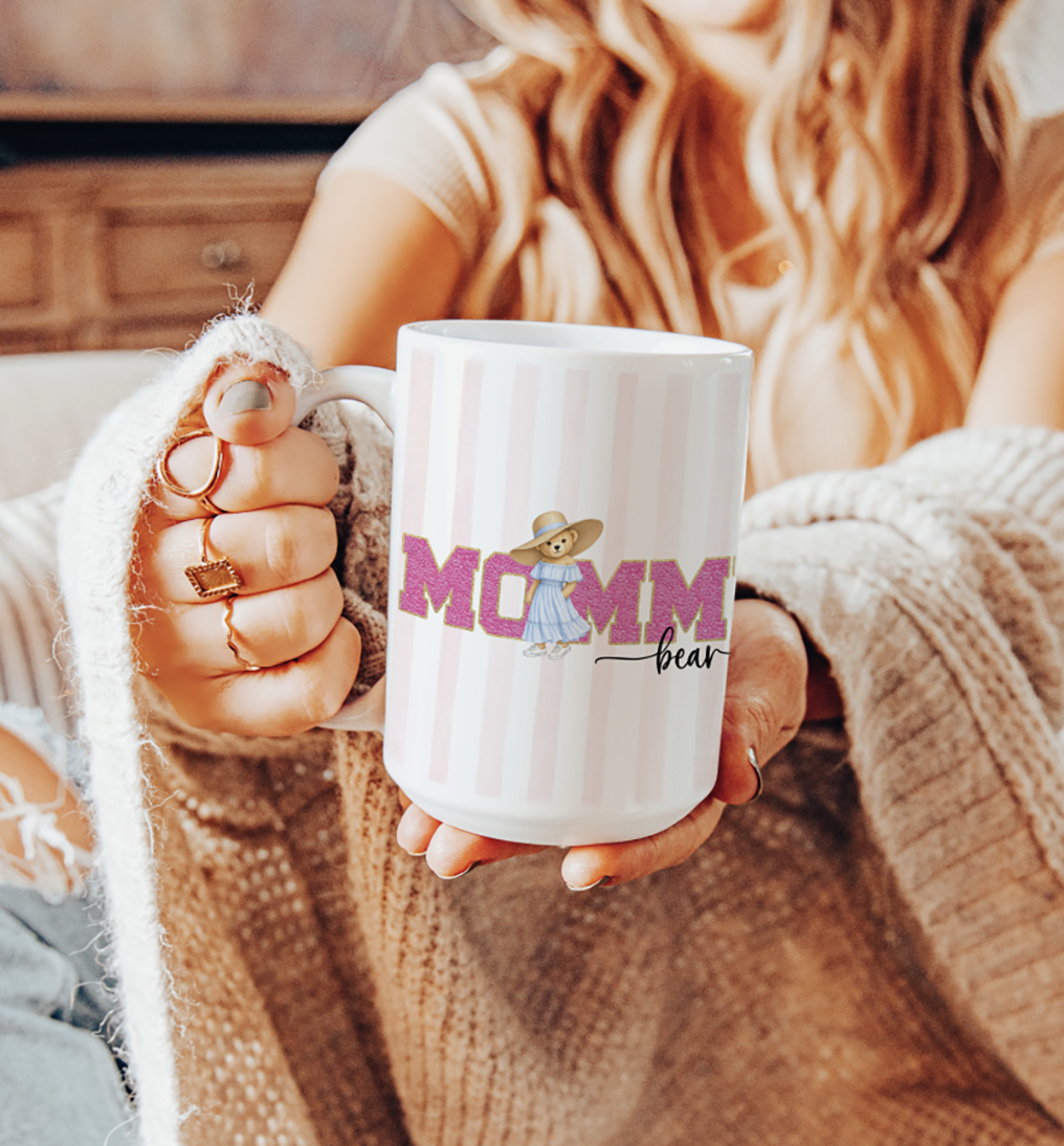 Elegant 15oz white mug featuring "Mommy Bear" lettering and a pink bear design, a lovely gift for trendy mothers.