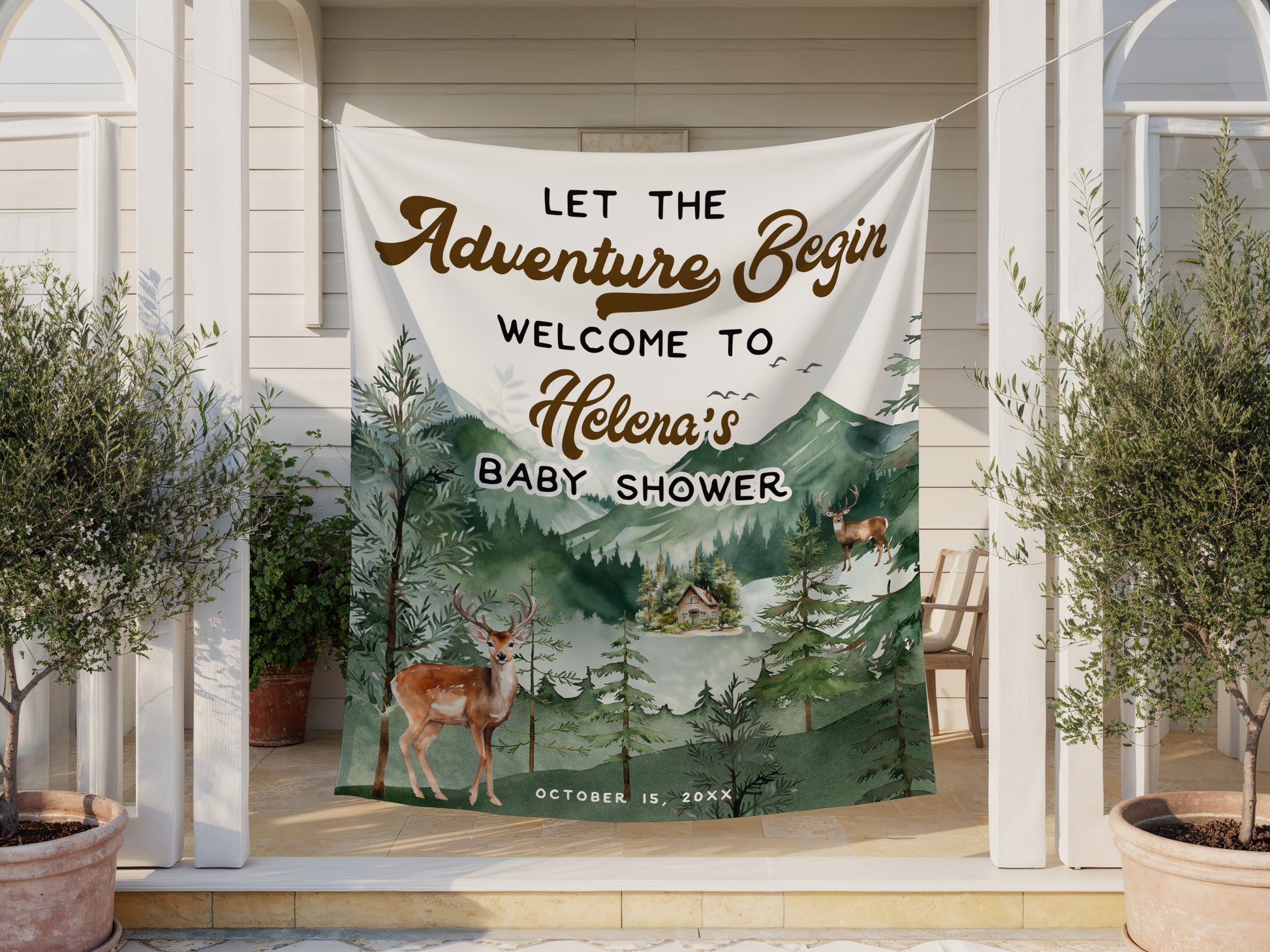 Decorative banner for a baby shower with nature-themed design and text.