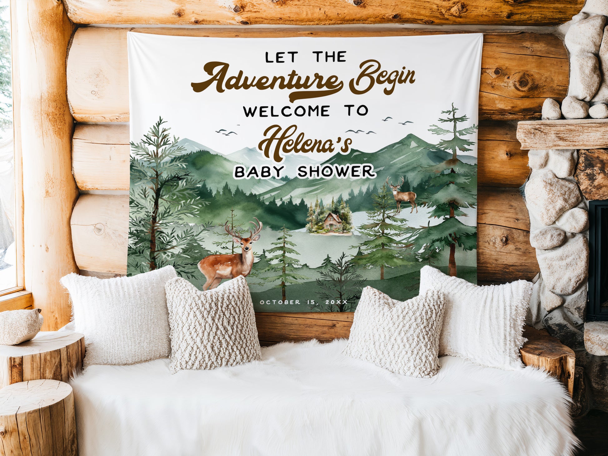 Decorative blanket with nature-themed design and text in a cozy room.