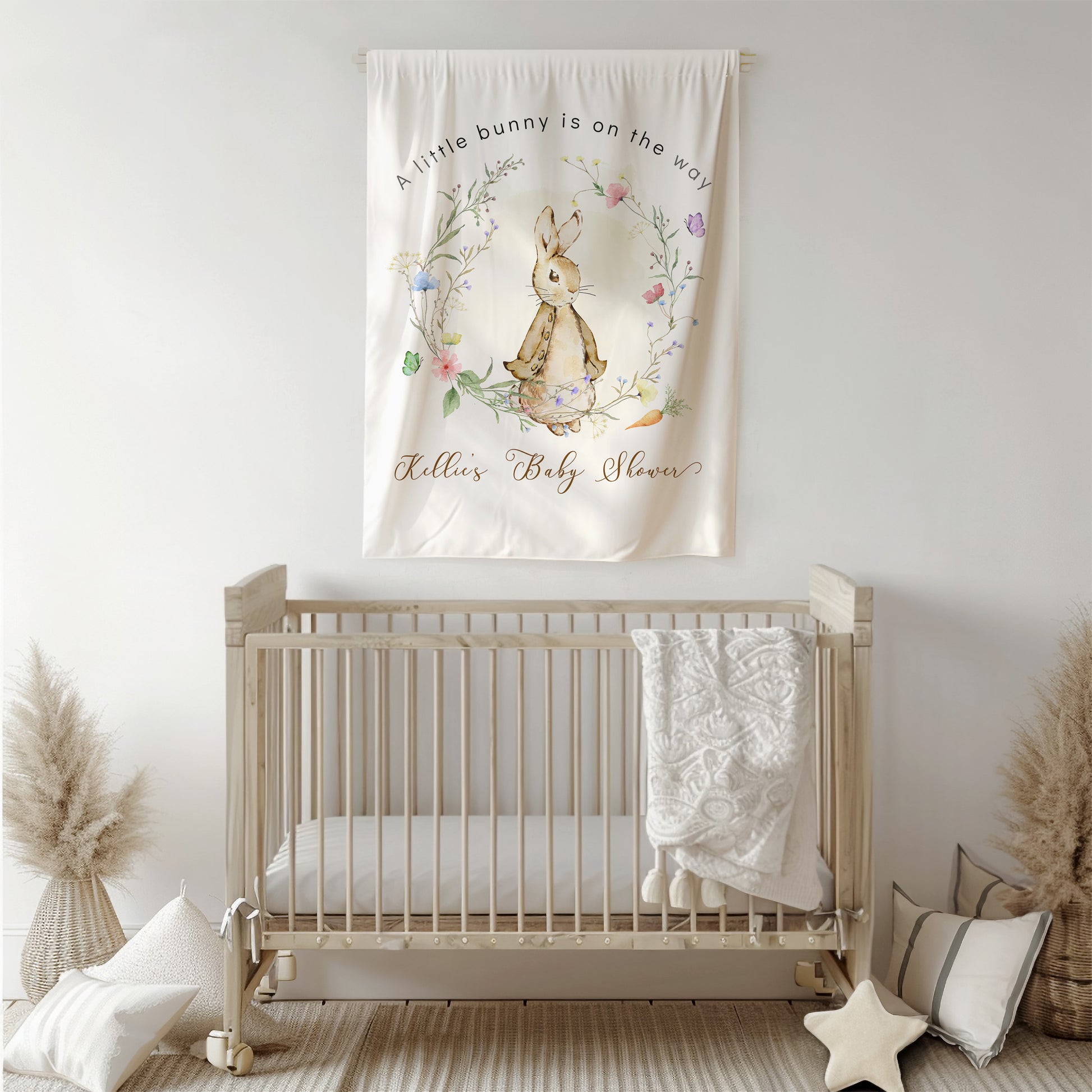 This is a Polyester fabric backdrop Banner Peter Rabbit Gender Neutral Baby Shower Decoration Print and FREE Shipping.
