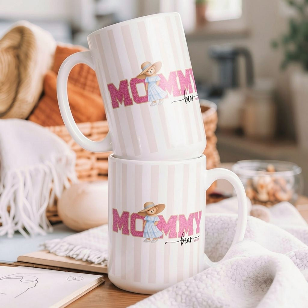 White ceramic mug "Mommy Bear" EST Year. Printed in elegant script. Gift for Mother's Day.