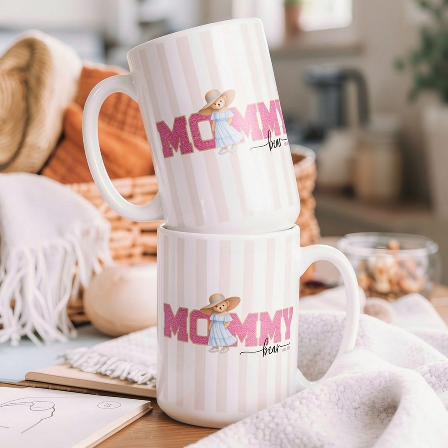 White ceramic mug "Mommy Bear" EST Year. Printed in elegant script. Gift for Mother's Day.