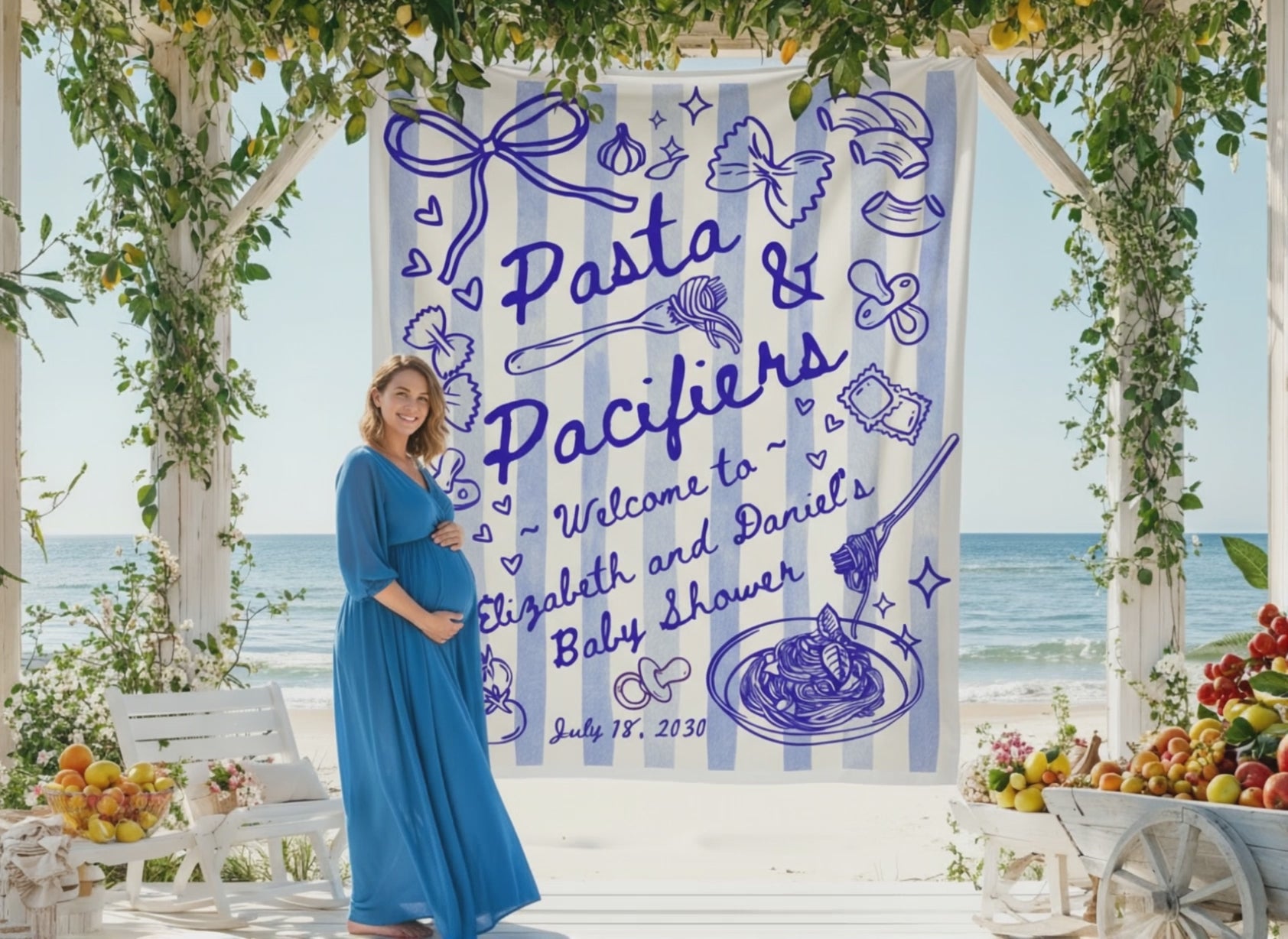 Blue Text and Graphic with Blue Stripes Background Tapestry Decoration for Italian Baby Shower theme