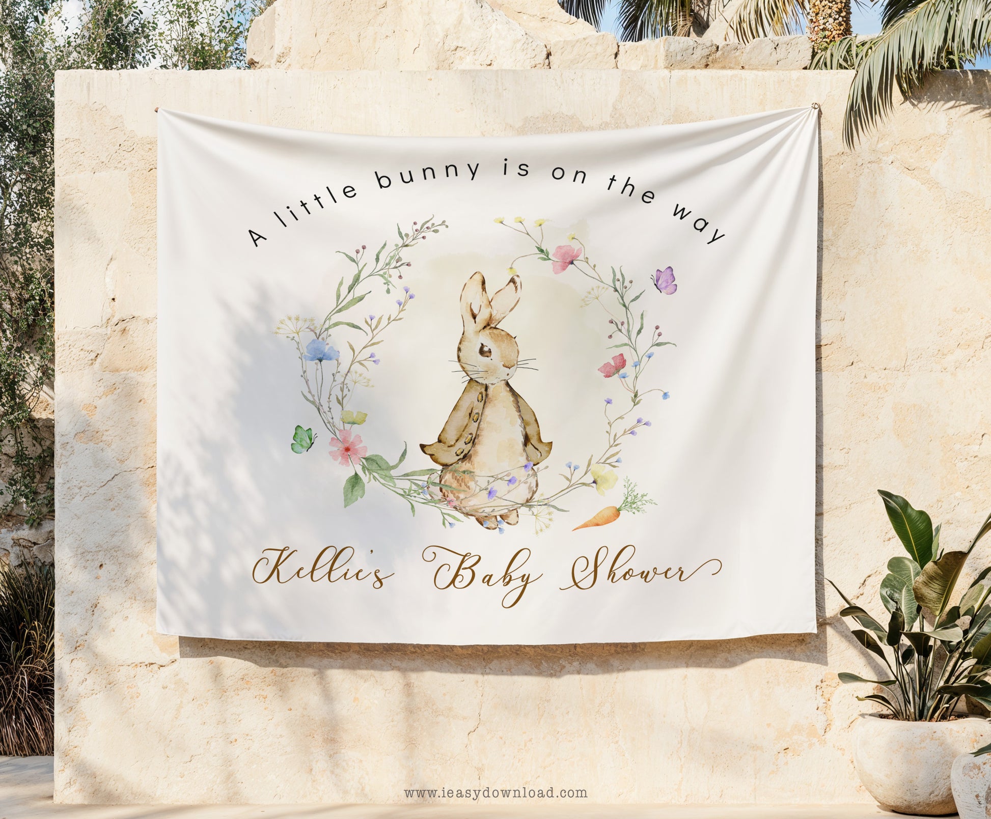 This is a Polyester fabric backdrop Banner Peter Rabbit Gender Neutral Baby Shower Decoration Print and FREE Shipping.