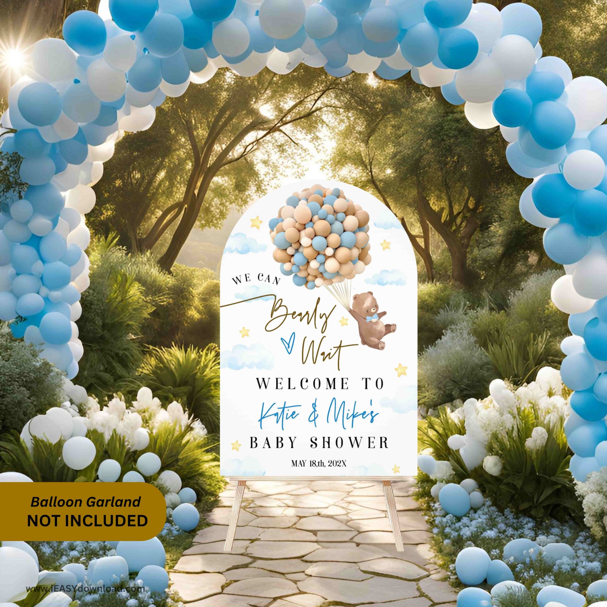 We can bearly wait Teddy bear Balloon for baby boy. Arch Foam Board Sign, Printed and Free Standard Shipping