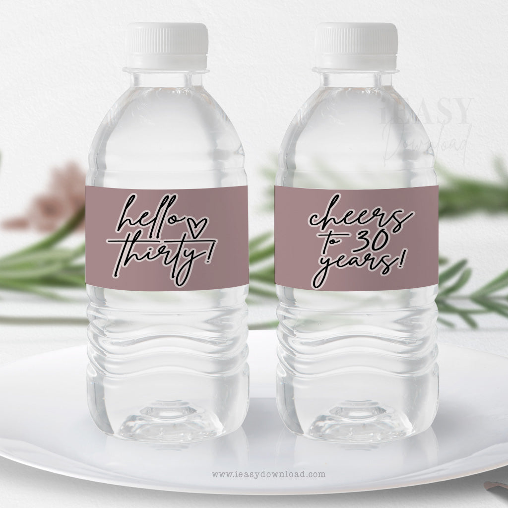 Dusty Rose Themed for 30th Birthday Party • Hello Thirty • Cheers to 30 years • Printable Water Bottle Labels - #TMC30