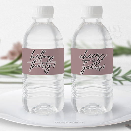 Dusty Rose Themed for 30th Birthday Party • Hello Thirty • Cheers to 30 years • Printable Water Bottle Labels - #TMC30