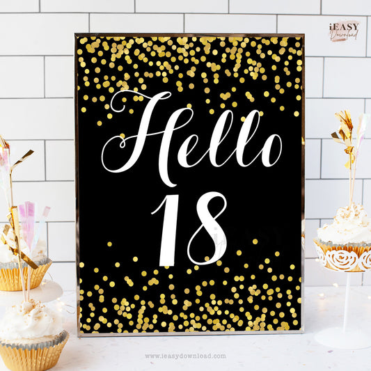 18th birthday hotel party ideas black and gold  sign