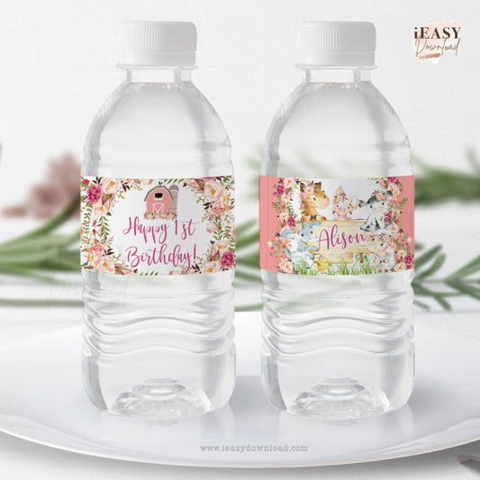 1st Birthday Farm Animal Party Decorations • Water Bottle Labels • Pink Barnyard Theme • Editable Labels - #TMC32