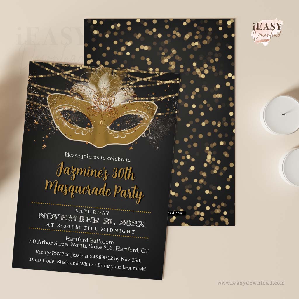 masquerade template, 30th birthday party invitations