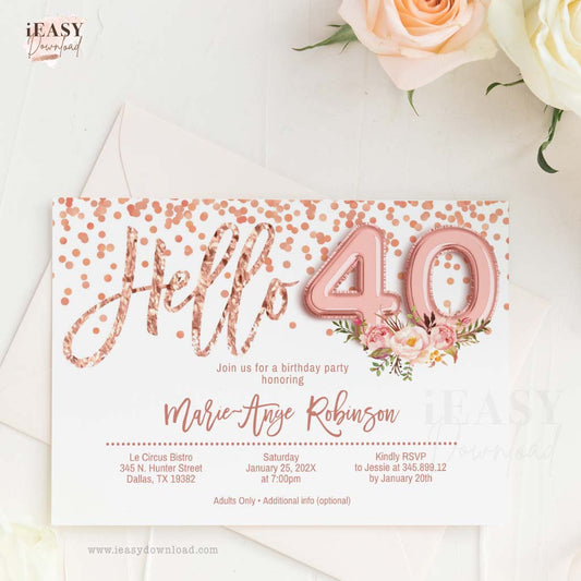 40th Birthday Invitation Rose Gold Editable template