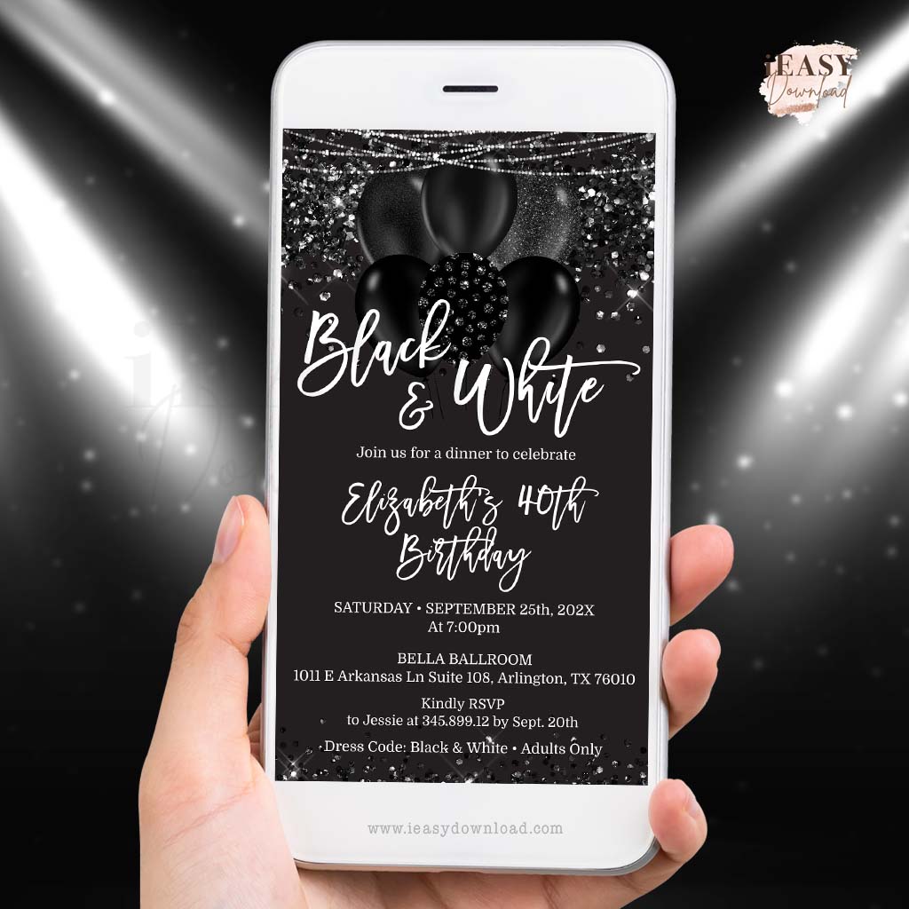 Black and White Party Invitation Template • 40th Birthday Phone Invite • Black and White Party • Electronic Evite for Cell Phone - #TMC14