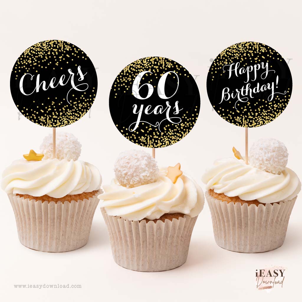 Black and Gold Confetti Party • 60th Birthday Printable Cupcake Topper • Cheers to 60 Years • 2inches Round - #CPTA