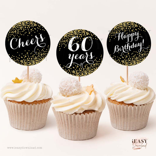 Black and Gold Confetti Party • 60th Birthday Printable Cupcake Topper • Cheers to 60 Years • 2inches Round - #CPTA