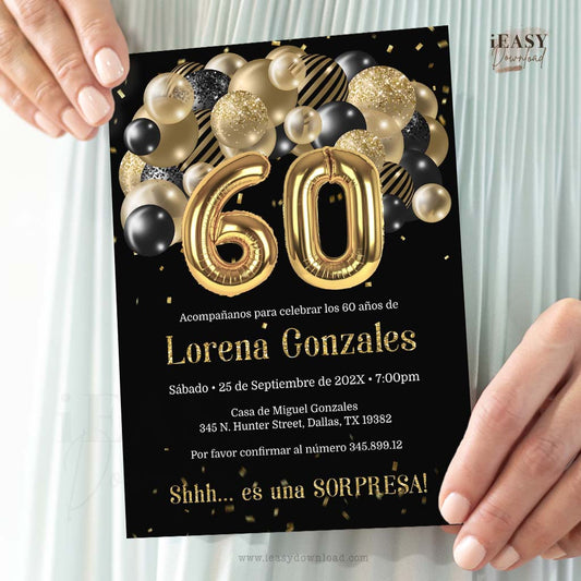 60th Surprise birthday invitation in Spanish | Spanish Birthday Invitation | Balloons Gold and Black Theme Birthday Invitation Template All Ages - #TMC3