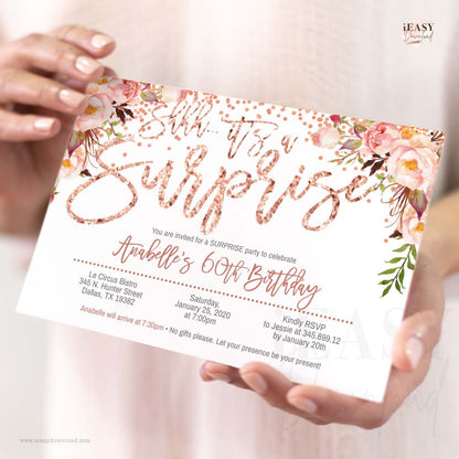 surprise 60th birthday invitation pink confetti rose gold floral surprise birthday invitation editable invitation template