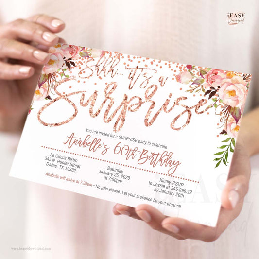 surprise 60th birthday invitation pink confetti rose gold floral surprise birthday invitation editable invitation template