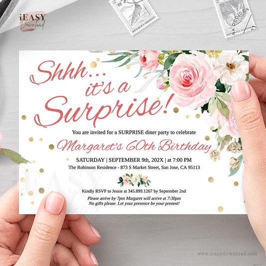Spanish Birthday Party Fiesta Sorpresa 60 años Cumpleaños 70 Birthday Invitation | Floral Pink Roses | Gold Confetti Template All Ages #TMC1