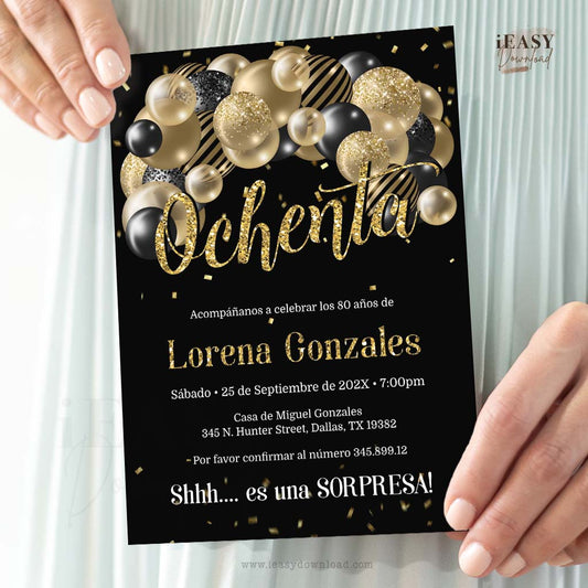 Gold and black themed Spanish Birthday Invitation