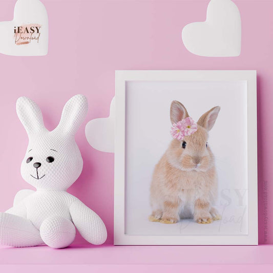 diy party decorations, baby bunny with pink flower wall art printable. Also works for birthday themed such as somme bunny is One Decorations. Baby shower bunny themed party