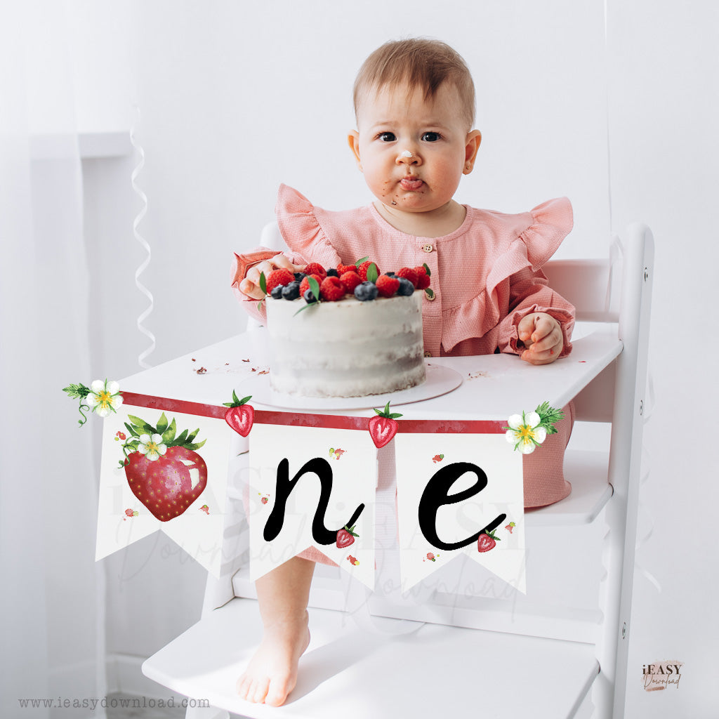One banner strawberry theme birthday for high chair