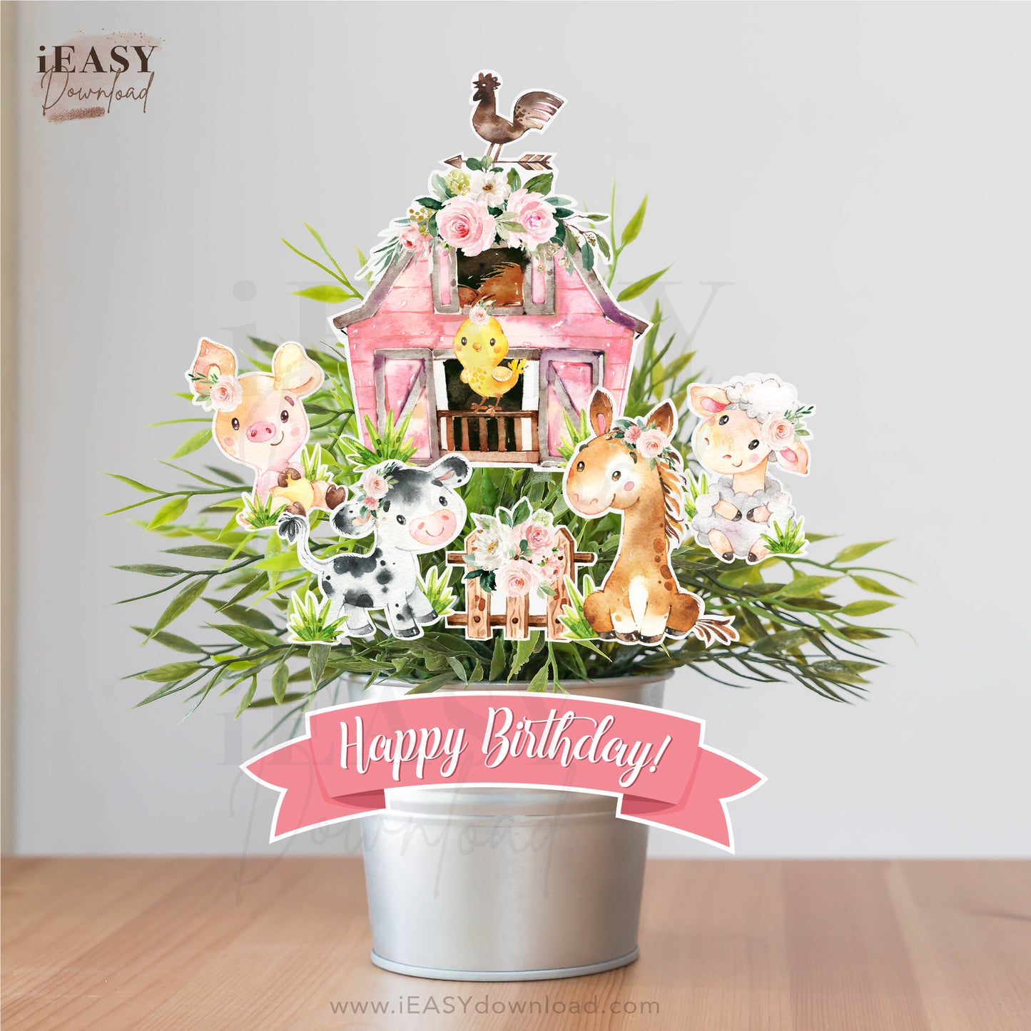 Happy Birthday Pink Floral Farm Animals CenterPiece Decoration • Printable Farm Themed 1st Birthday for Girl - #2A