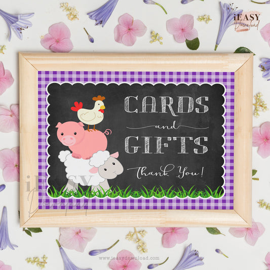 purple gingham farm themed cards and gifts party sign
